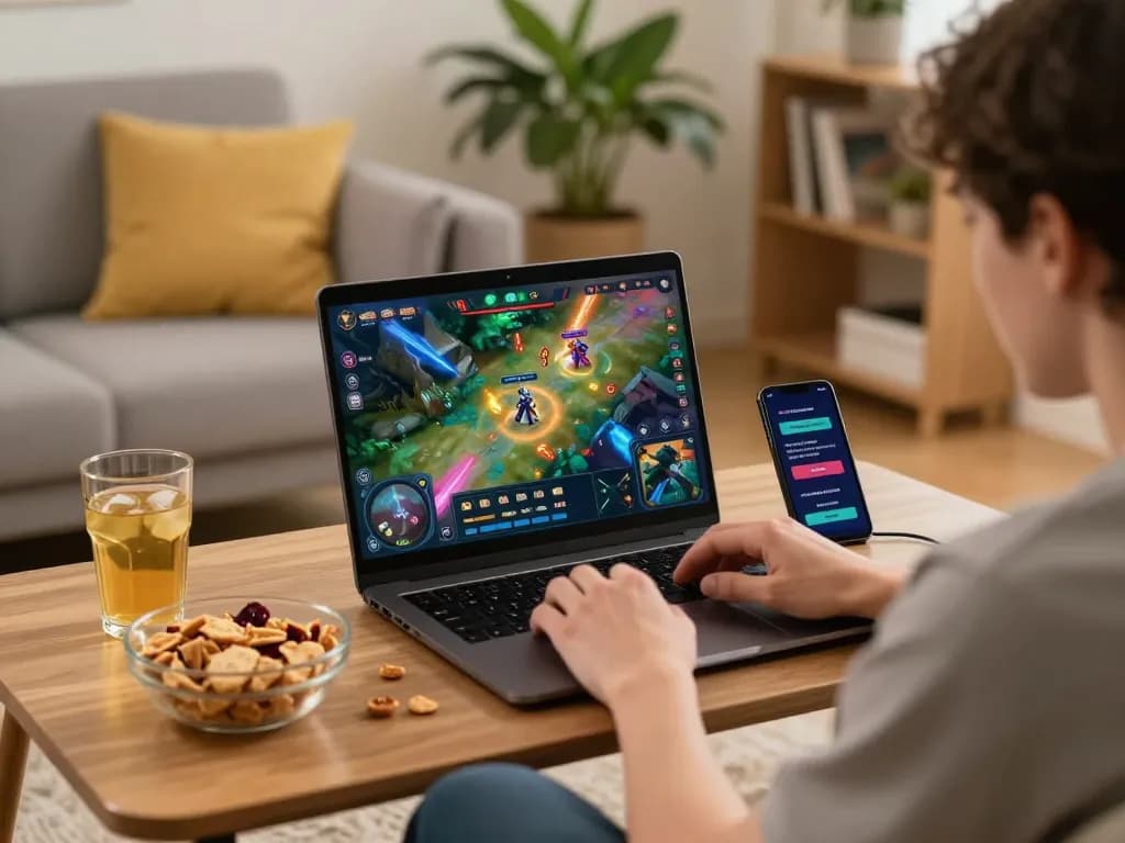 Player engaging with VENOM889's idle-RPG game in a cozy room, illustrating strategic gameplay and immersive experience.