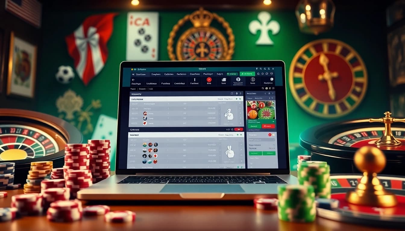 Exciting Taruhan Bola betting scene featuring a laptop and poker chips for online sports gambling.