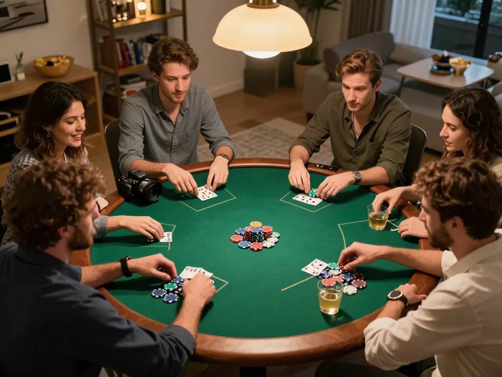 Friends engaged in a poker game at home, showcasing excitement around non gamstop casinos.