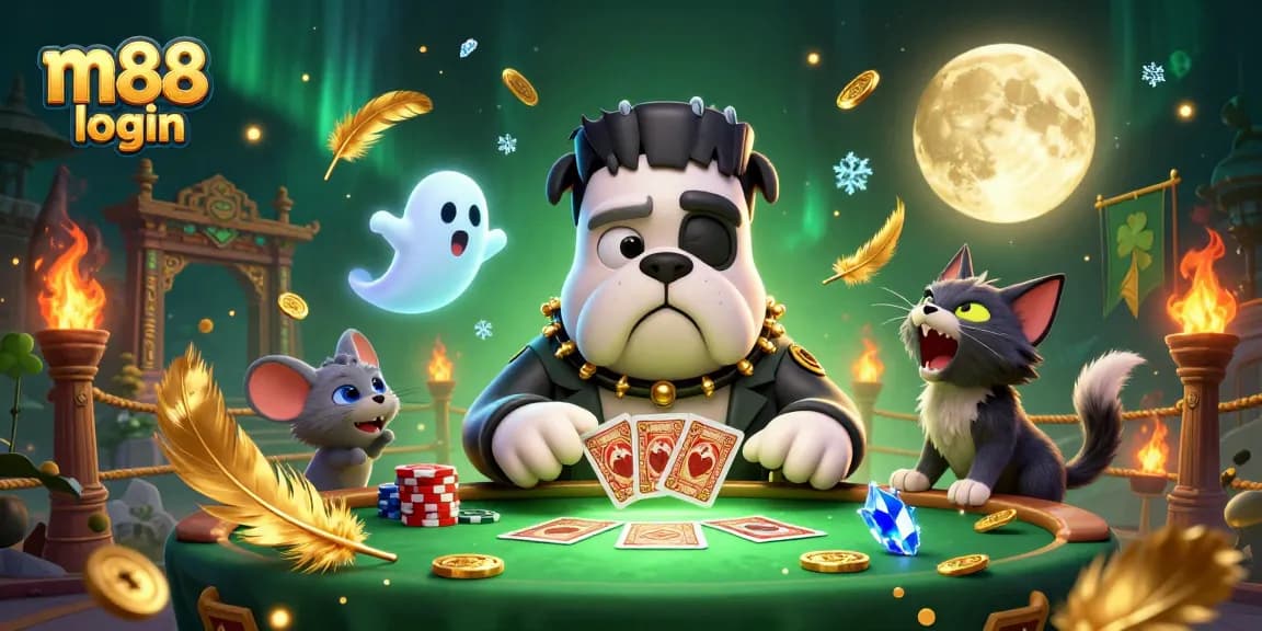 Join the fun with m88 login, where a Frankenstein bulldog deals cards amidst thrilling casino excitement.