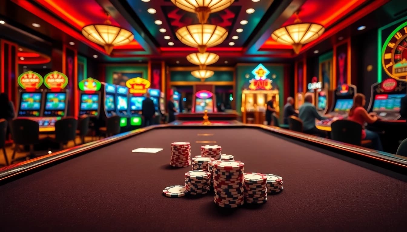 Người chơi đang tham gia một trò chơi đầy kịch tính tại Nhà cái JD88, với bàn casino sống động và máy đánh bạc.