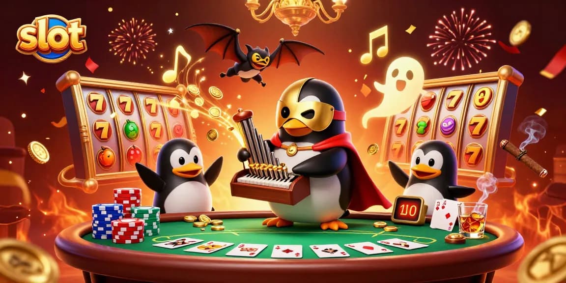 Inilah slot yang menampilkan penguin opera 3D yang memainkan organ sambil koin emas meluncur, simbol keberuntungan bertebaran.