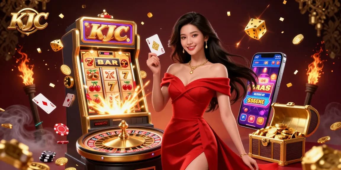 Experience the excitement at KJC with a stunning illustration of a confident dealer and captivating casino elements.