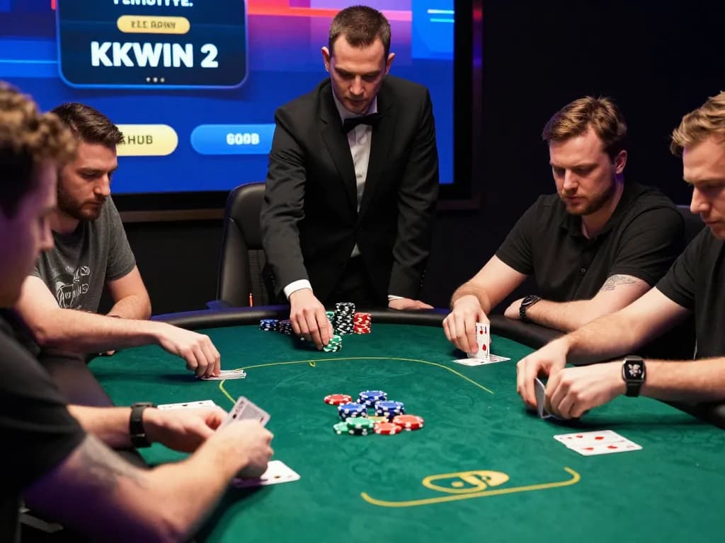 Engaging poker players at KKWIN 2 placing bets vividly in online gaming setup.