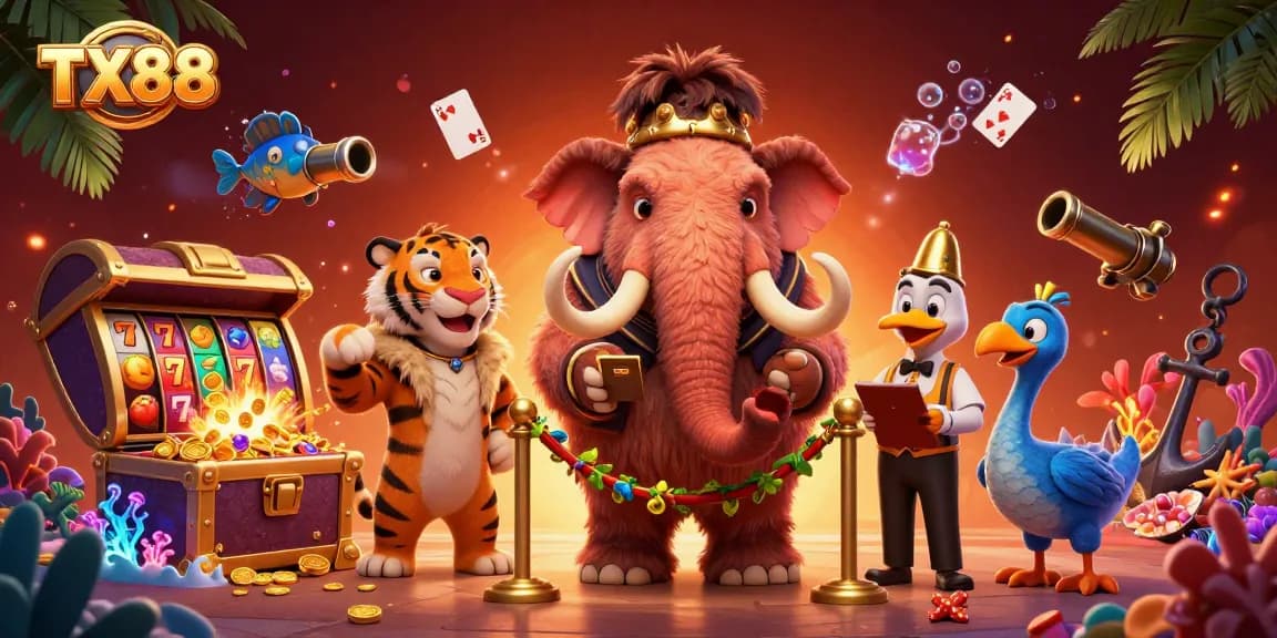 Experience excitement with TX88 at the lively casino entrance featuring a woolly mammoth bouncer and VIPs.