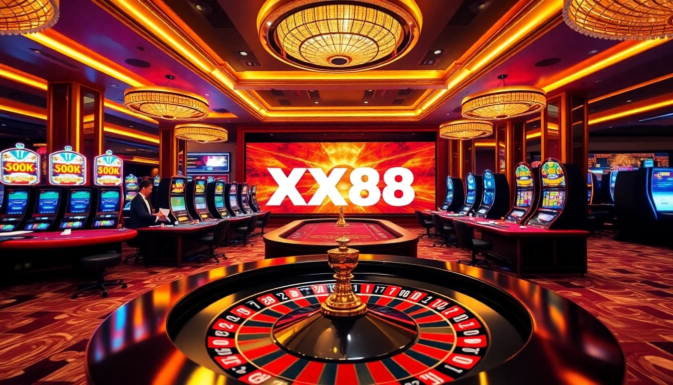 Experience the thrill of nhà cái XX88 with vibrant gaming tables and roulette in action.