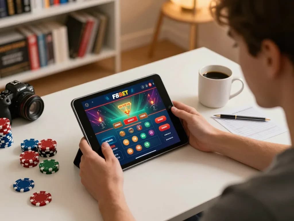 Engaging in F8BET online gaming strategy with tablet gameplay and poker chips.