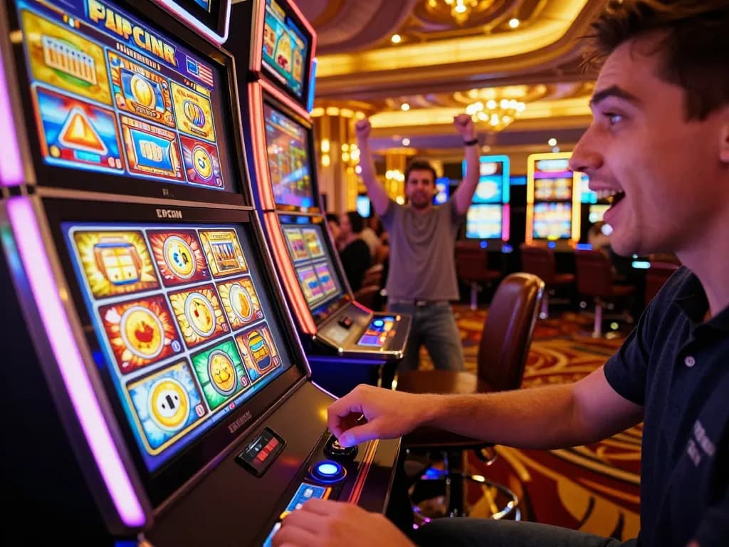 Player engaging with a link slot machine in a vibrant casino, showcasing excitement and gaming action