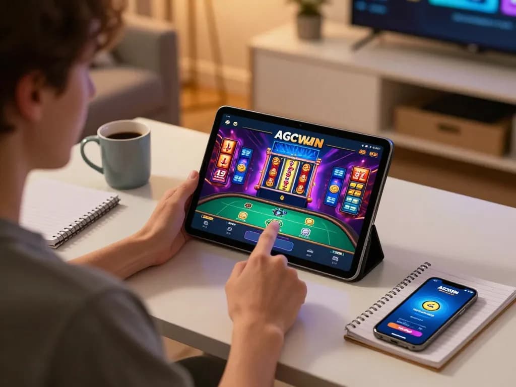 Gameplay yang menarik di aplikasi AGCWIN dengan grafik slot yang mengasyikkan di tablet, pengaturan gaming nyaman di rumah.