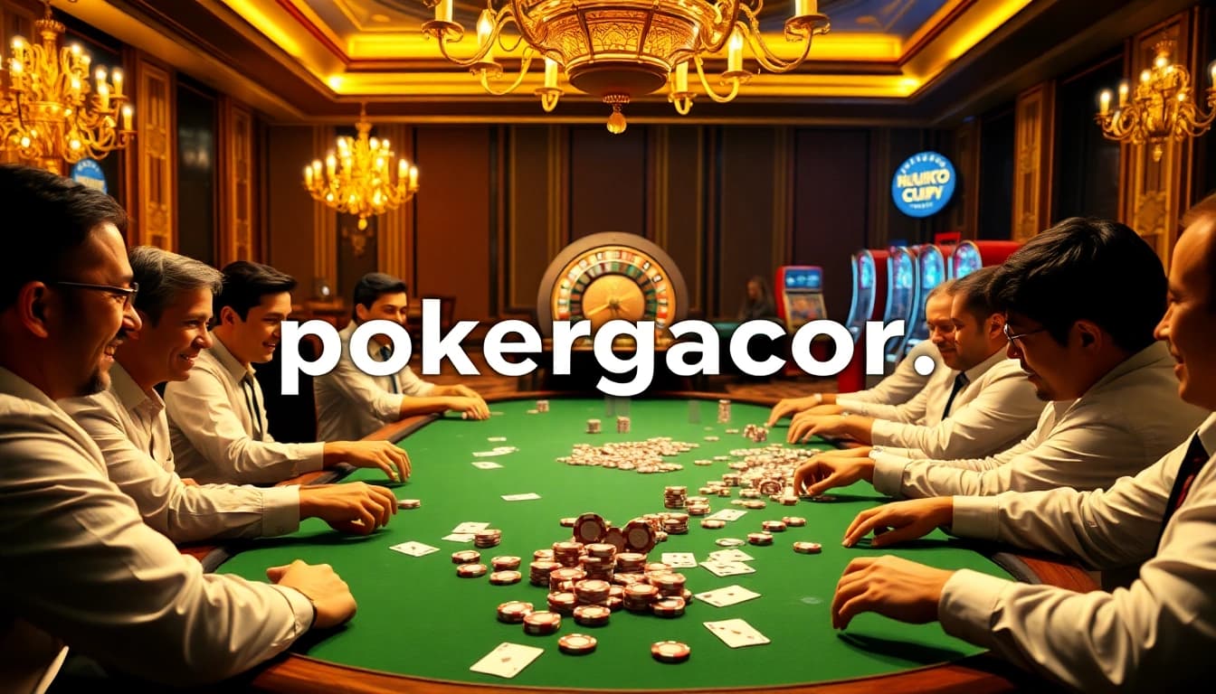 Exciting poker scene with players engaged in a game at a casino table showcasing pokergacor atmosphere.