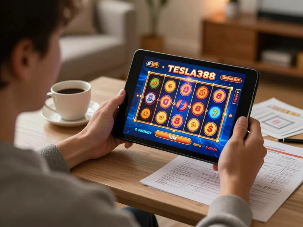 Player engaging with TESLA388 online casino on tablet while enjoying cozy home atmosphere.