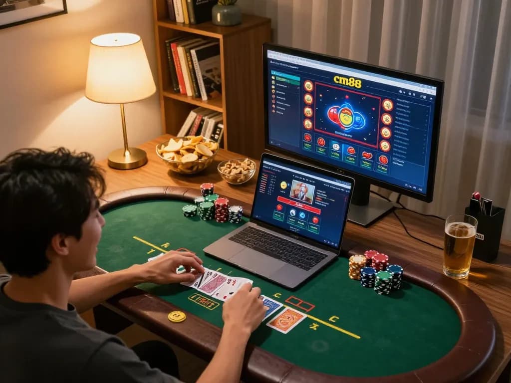Engaging moment of a player strategizing at cm88 blackjack table during a cozy home gaming session