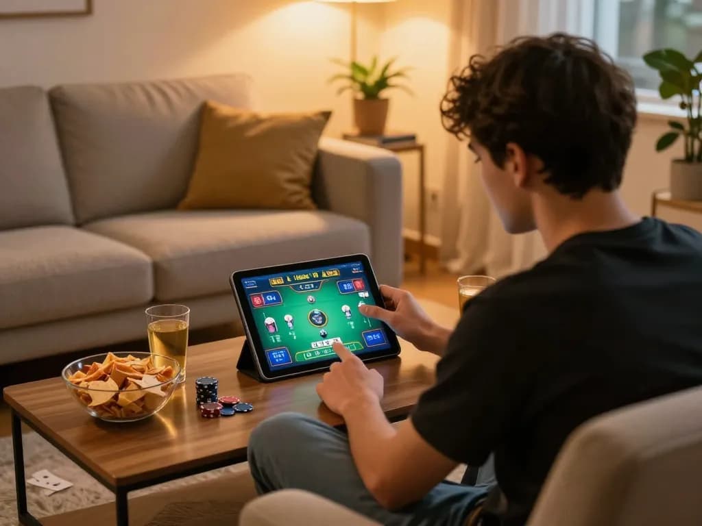 Engaging in online togel online game from a cozy home setup, showcasing a tablet and strategic notes.