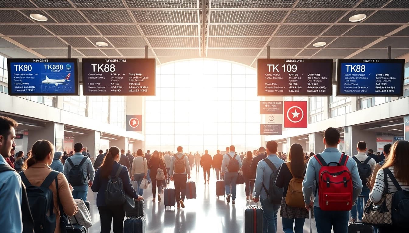 Travelers checking in for Turkish Airlines flight TK88 at a bustling airport terminal.