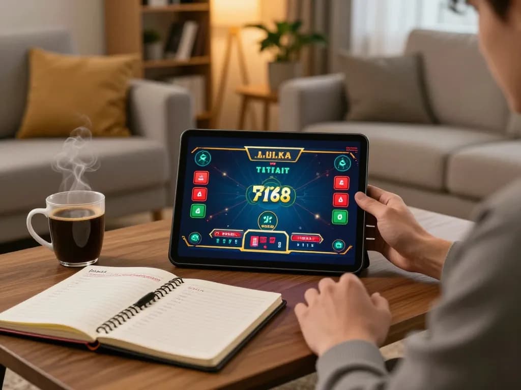 Player enjoying F168 casino games on tablet in a cozy living room setting with strategic notes.