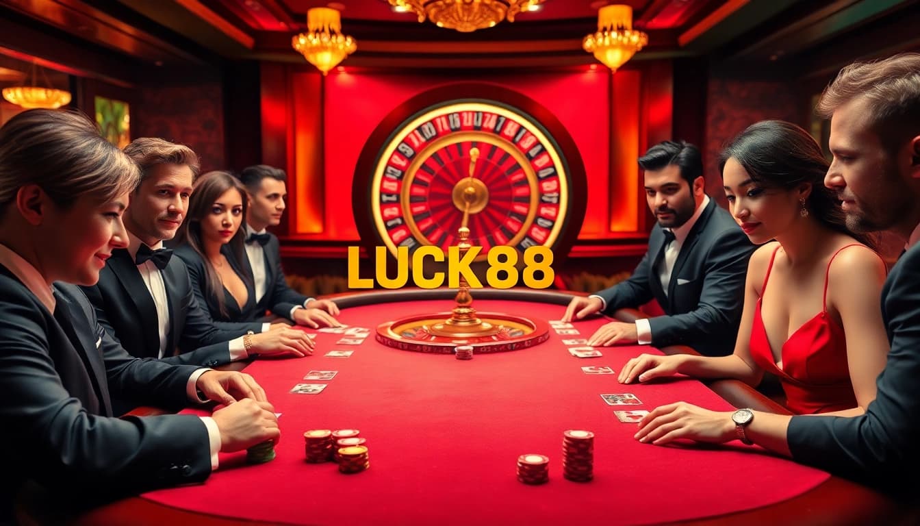 Experience the thrill of poker at LUCK88 with vibrant chips and high-stakes action in a luxurious casino.