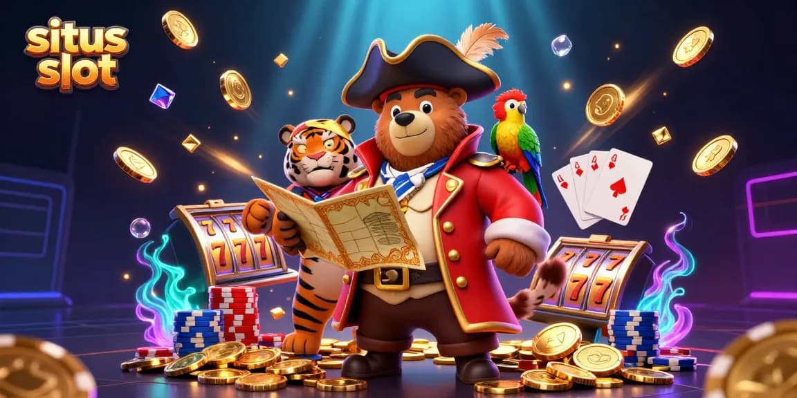 Experience the thrill of situs slot with a vibrant cartoon scene showcasing jackpots, treasures, and lively characters.