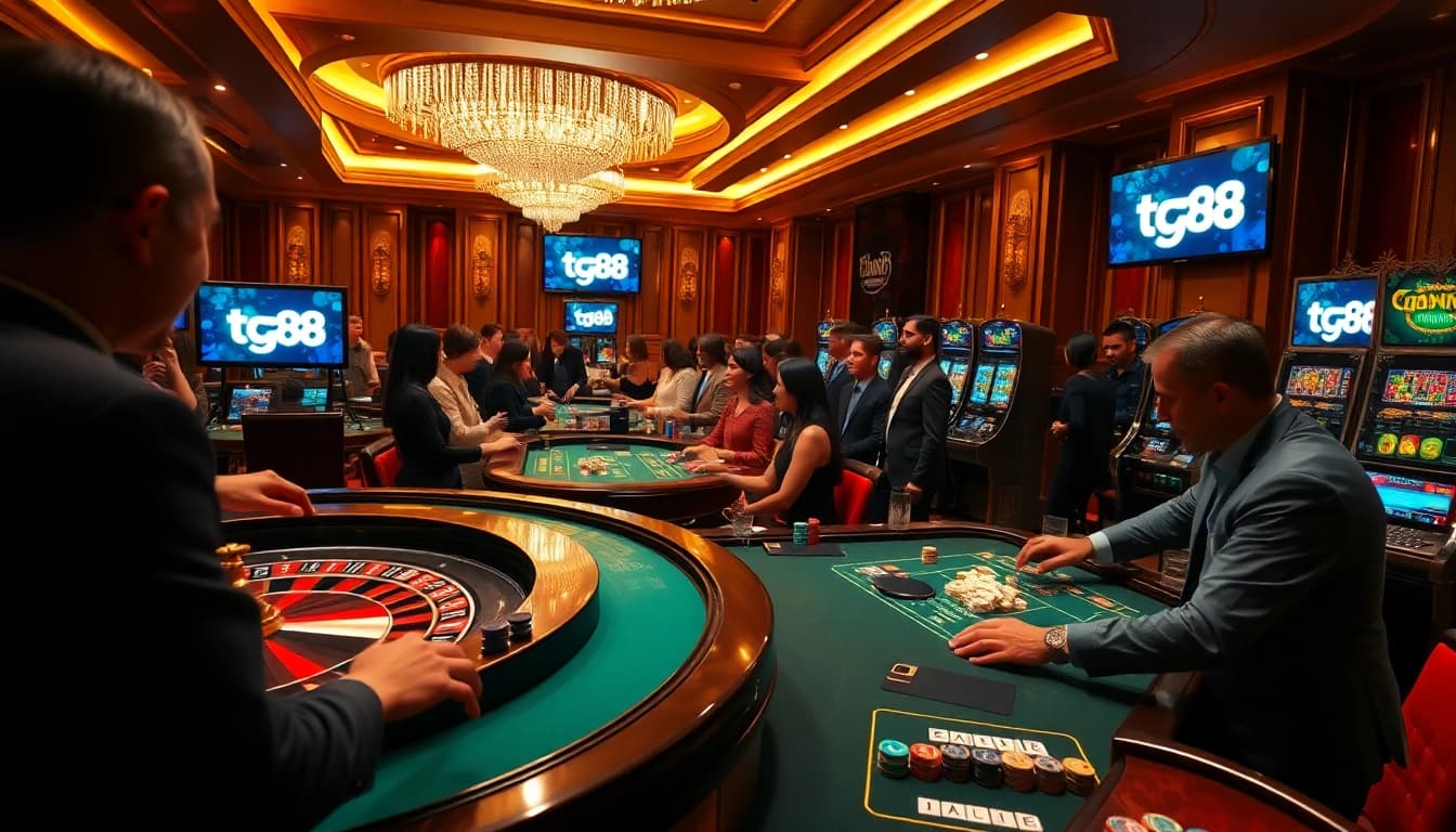 Engaged players in a luxurious casino scene exploring tg88 gaming experience with roulette and poker tables.