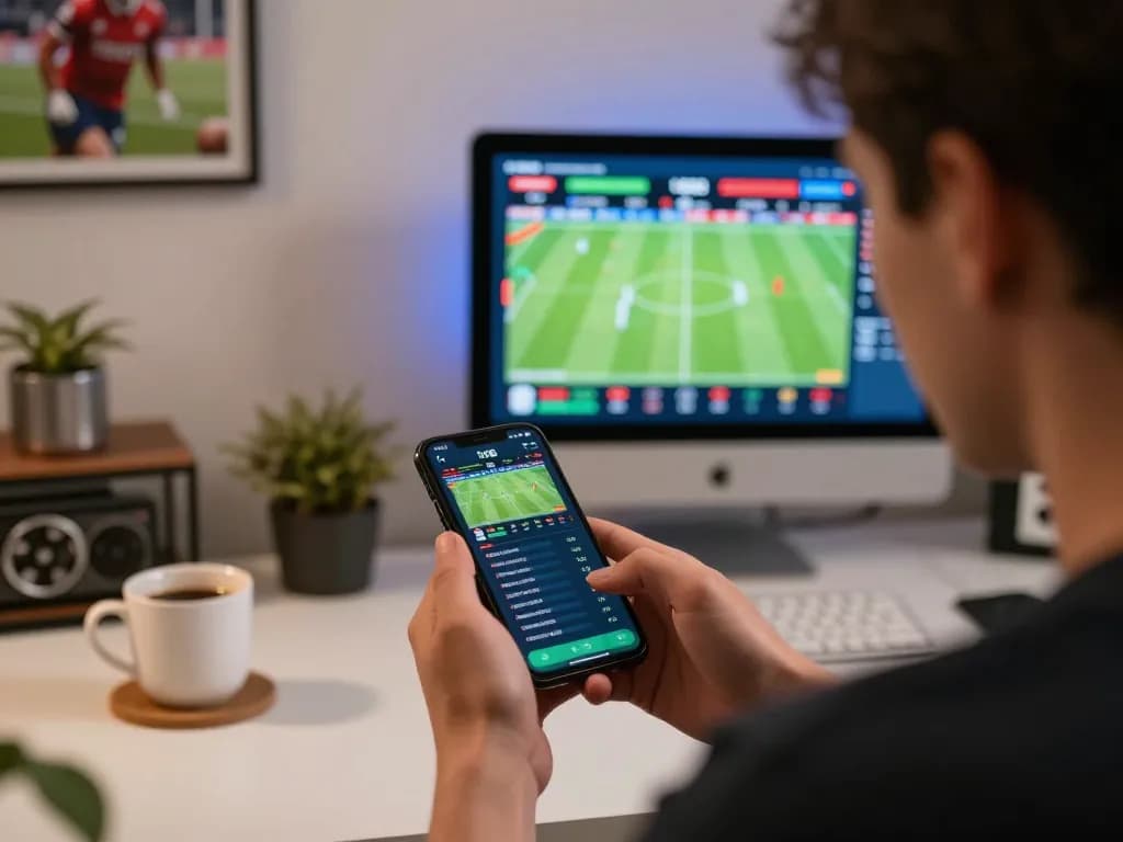 Engaging scene of person utilizing tr88 sports betting app on smartphone during live game