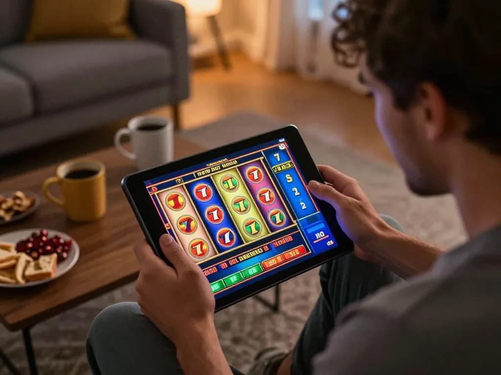 Pemain menikmati permainan slot Jus77 di tablet yang duduk di ruang tamu yang nyaman, menunjukkan perjudian online yang bertanggung jawab.