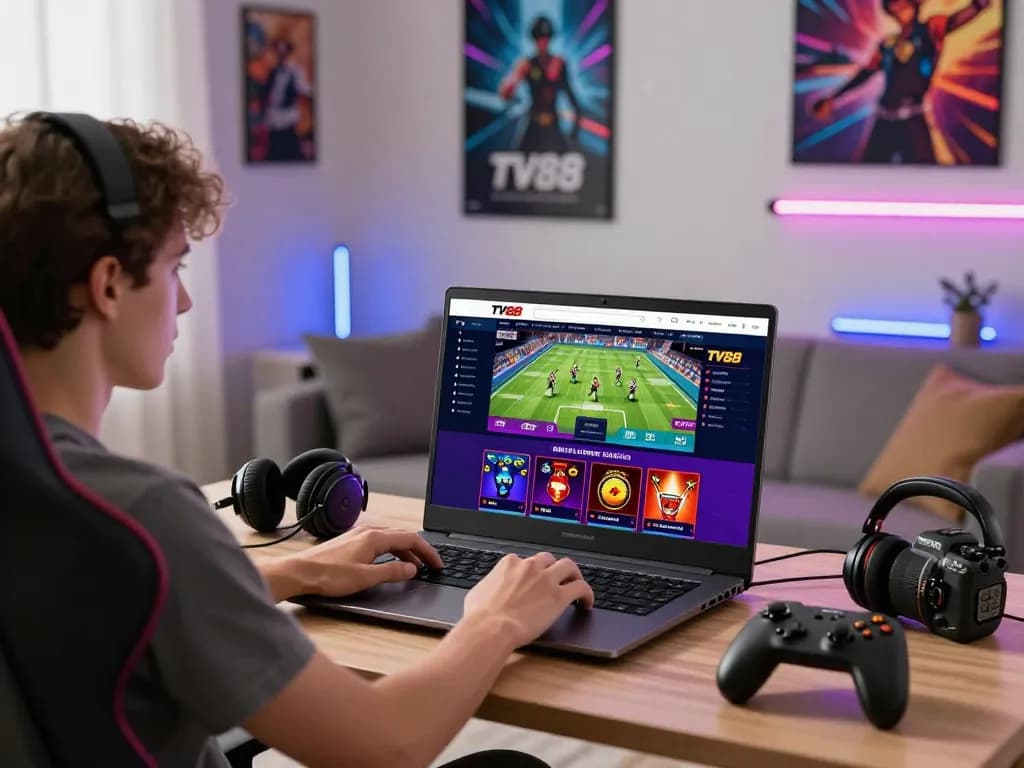 Engaging with the TV88 betting website in a vibrant gaming setup, showcasing the excitement of online betting.