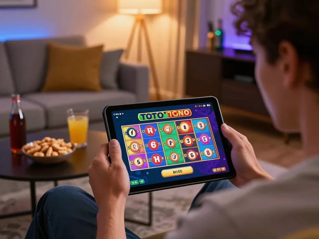 Berkeliling dengan permainan toto slot di tablet dalam pengaturan permainan yang nyaman, menampilkan grafik animasi dan fitur menarik.