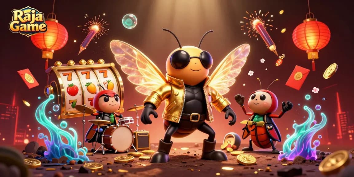 Experience thrilling gameplay with Raja Game's vibrant 3D casino scene featuring a cicada star and dynamic elements.