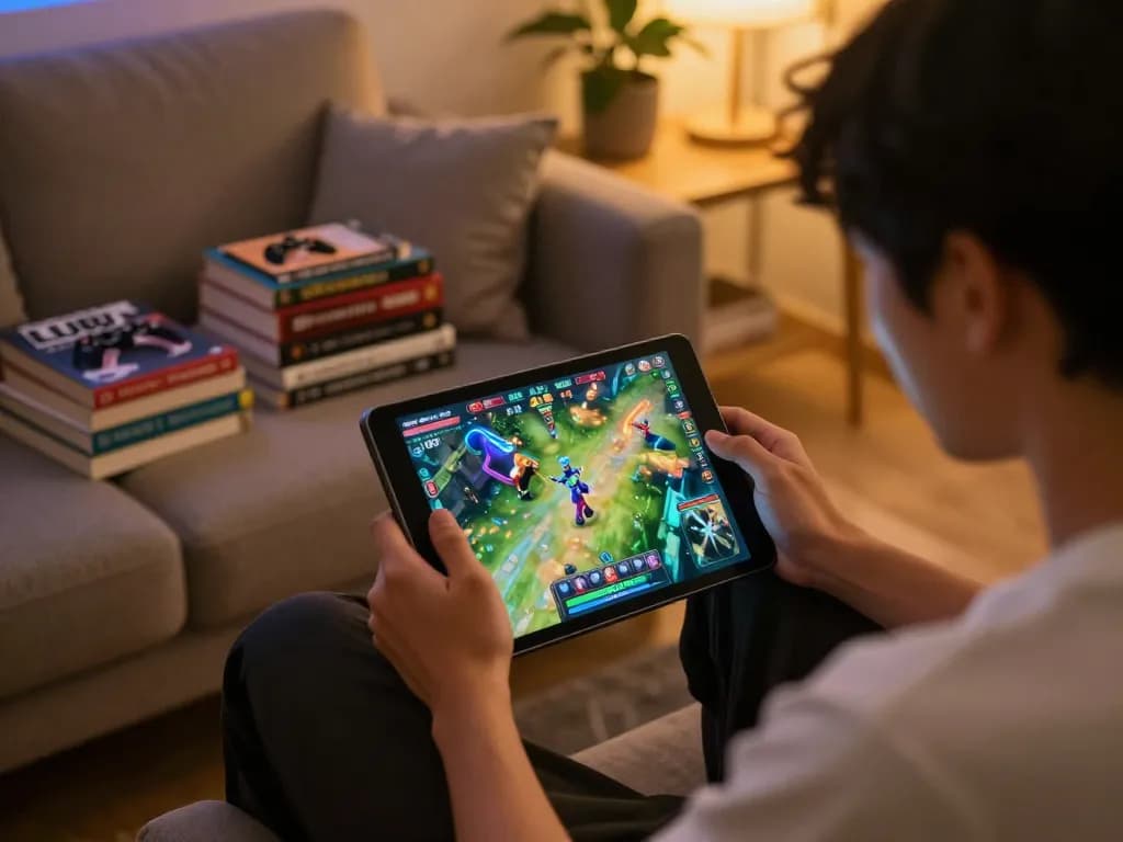 Engaging in LU88 game on a tablet surrounded by strategy notes and a warm home atmosphere