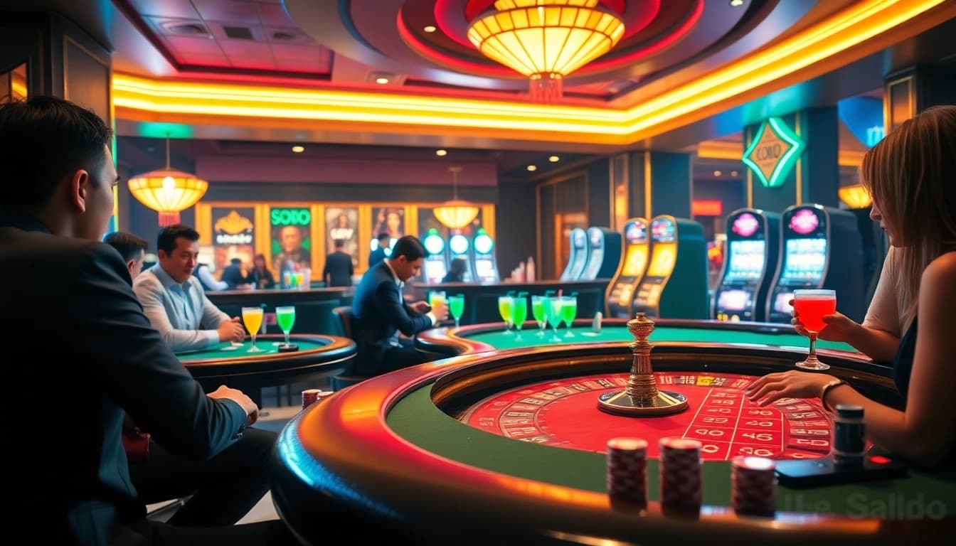 SODO-themed casino lively with players at tables and vibrant slot machines in the background.