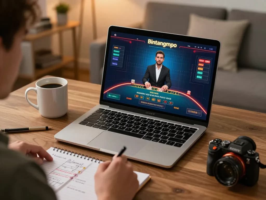 Strategi pemain yang menarik dalam permainan blackjack online di Bintangmpo, pengaturan rumah yang nyaman dengan laptop.