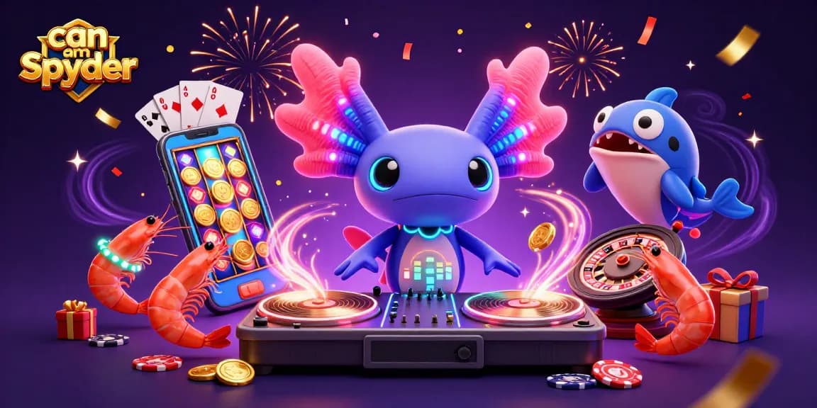 Spinning vibrant can am spyder slots with a colorful DJ in a lively casino scene bursting with excitement.