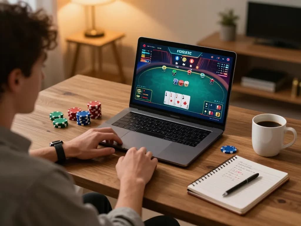 Player engaging in an exciting online poker game with 789P, showcasing a cozy home gaming setup.
