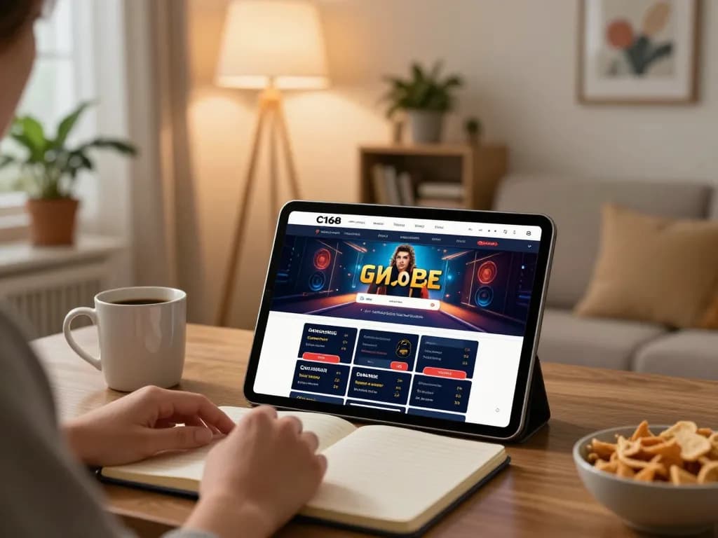 C168 online gambling environment with tablet and notebook in cozy home setting