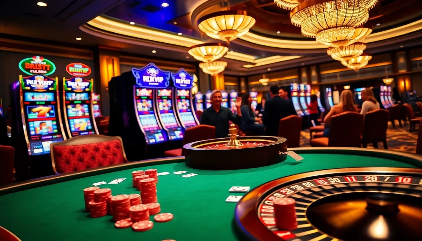 Gambling excitement at Rikvip with vibrant casino tables, poker chips, and roulette.