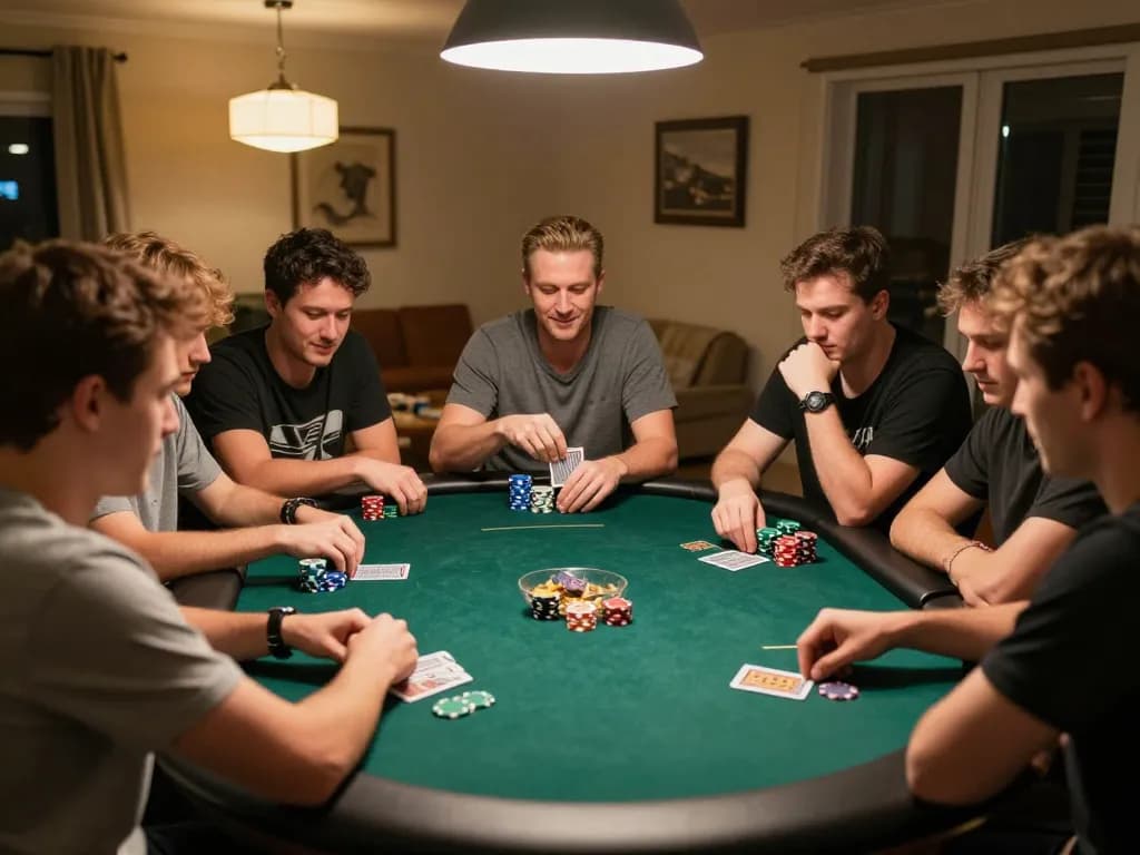 Players enjoying a competitive night of poker at home, illustrating the values of nhà cái uy tín in a friendly setting.