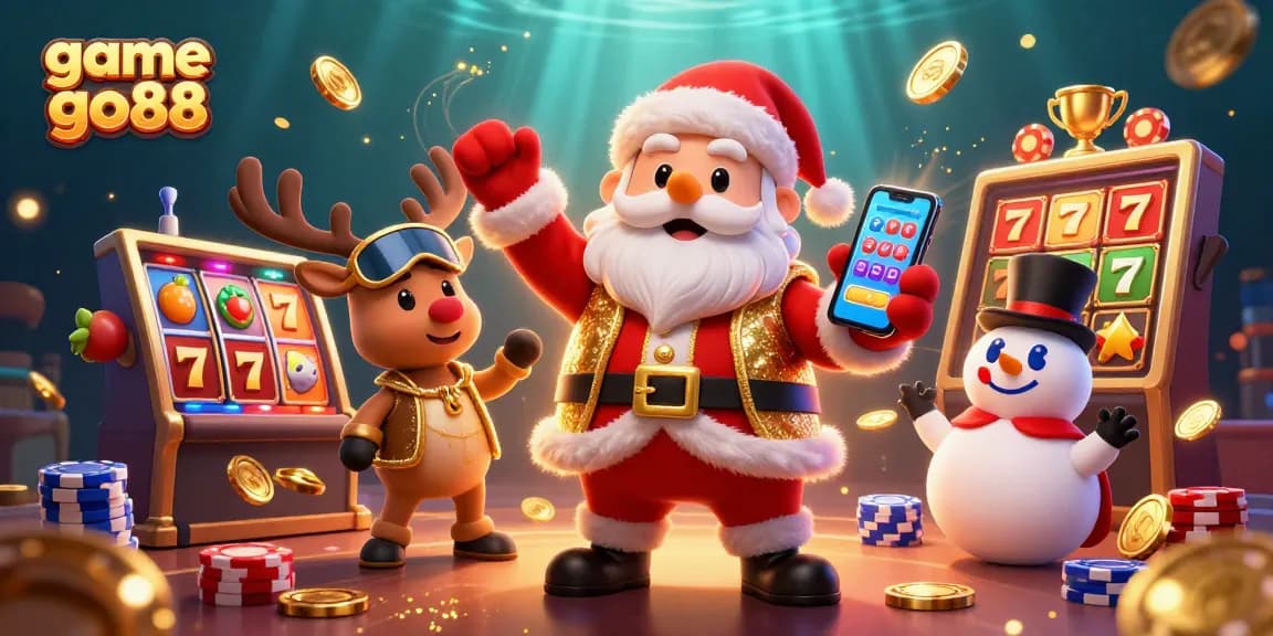 Spin slots and win big with game go88 in this vibrant casino scene featuring festive characters.