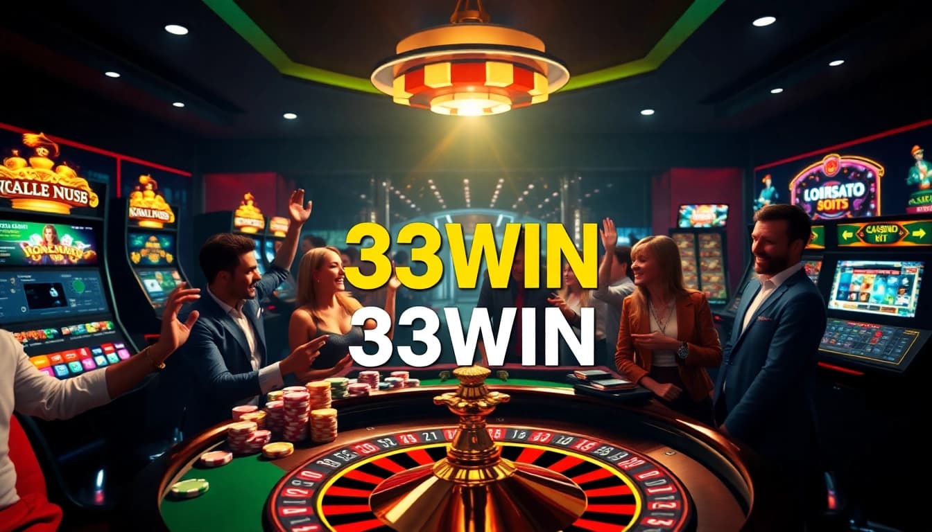 34WIN players enjoy vibrant casino excitement with poker chips and virtual slot machines.
