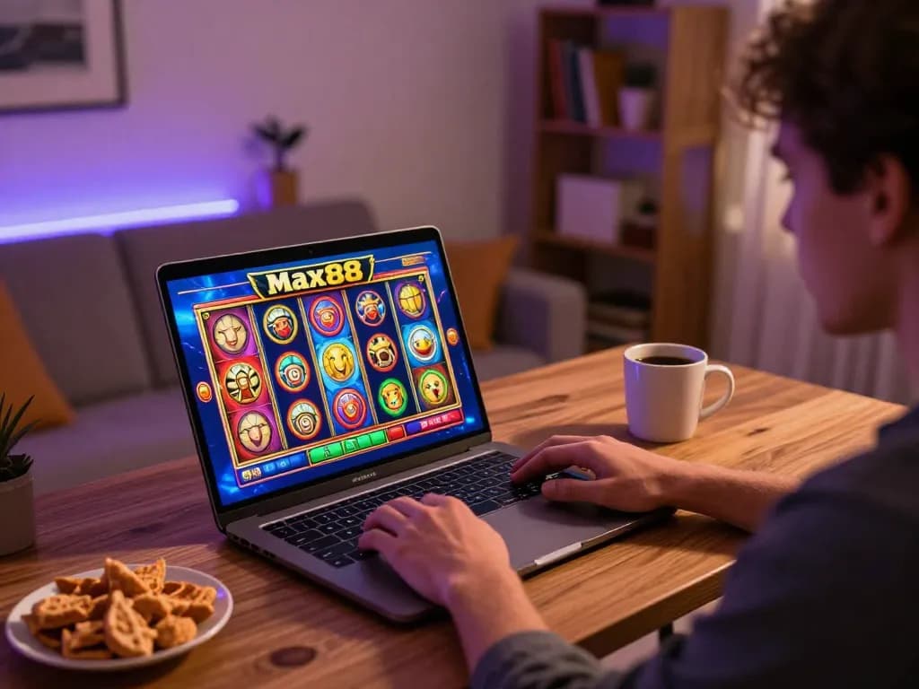 Engaging in Max88 casino gaming at home with laptop and vibrant slot machine display