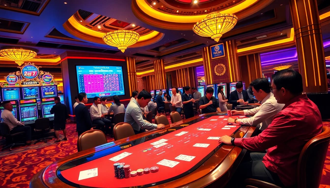 Excited players engaging in Togel HK at a luxurious casino table with live results displayed.
