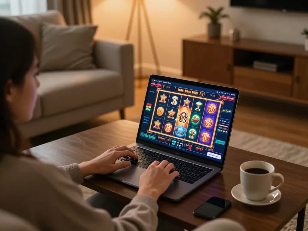 Person enjoying online gambling at https://go8.dad/ with a laptop displaying vibrant slot games, creating a cozy gaming atmosphere.