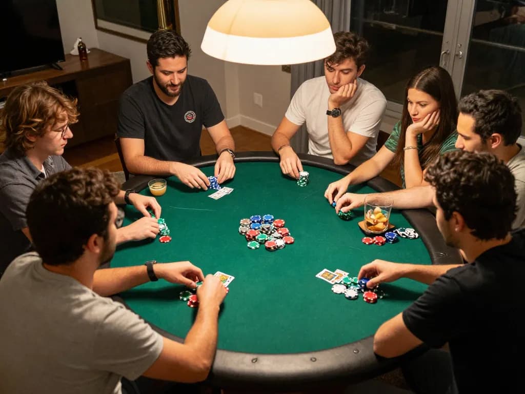 Friends enjoying a lively poker game at home, showcasing 888NEW's engaging gaming environment
