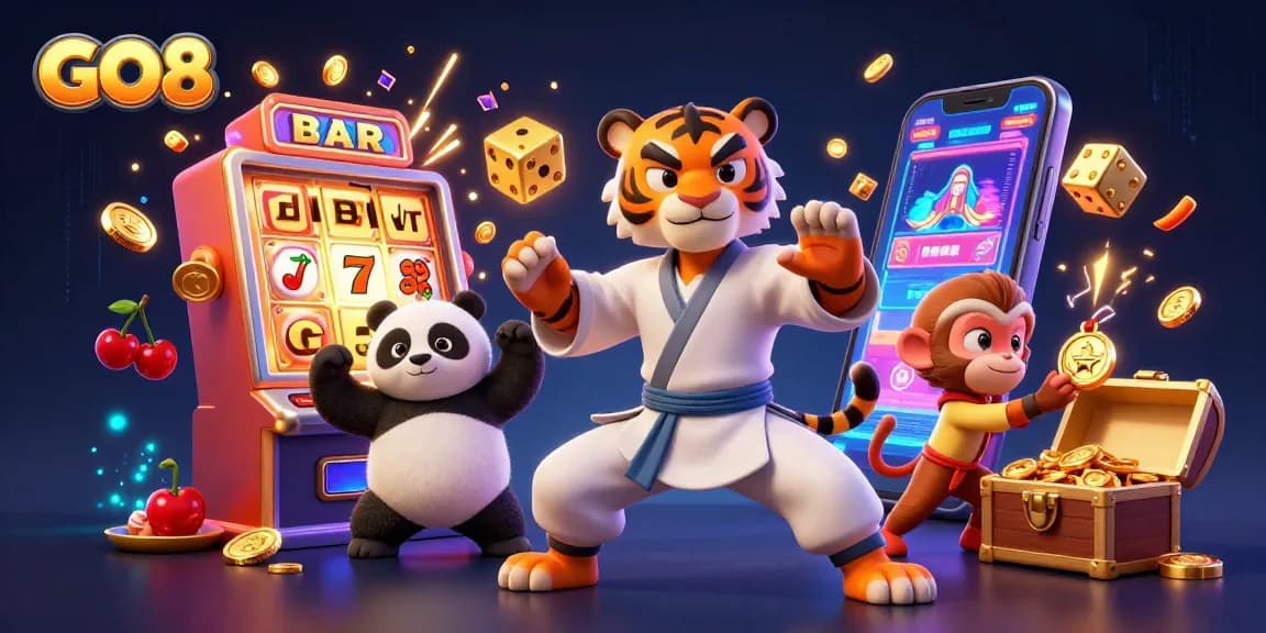 Experience GO8’s vibrant jackpots with kung fu masters and playful characters in a dynamic casino scene.