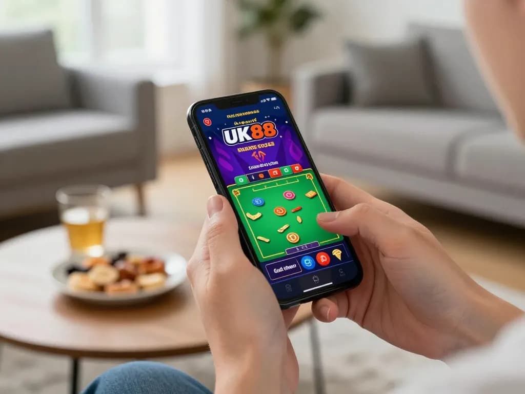 Link vào UK88 shows user playing online casino games on mobile app in cozy home setting.