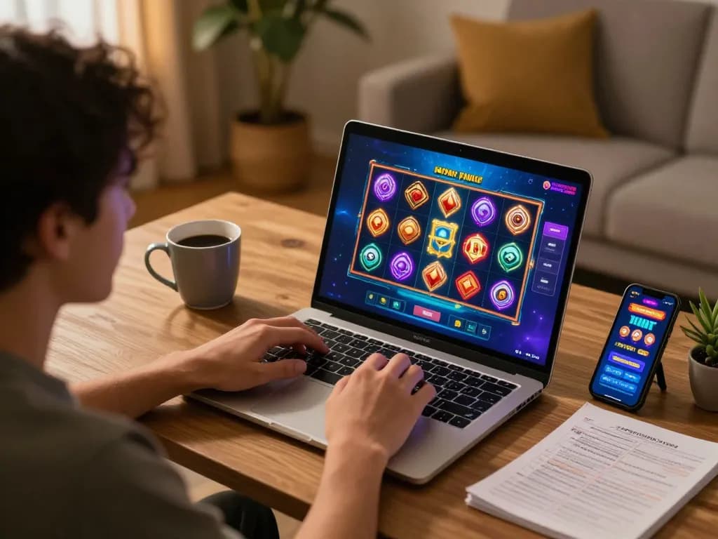 Player engaged in Nohu gameplay on a laptop and smartphone in a cozy home setup