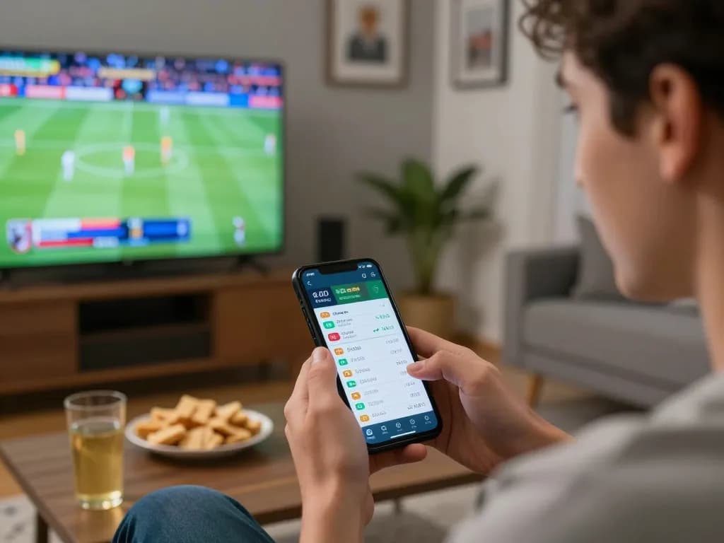 Person engaging in sports betting on smartphone while watching games, showcasing sunwin app interaction.