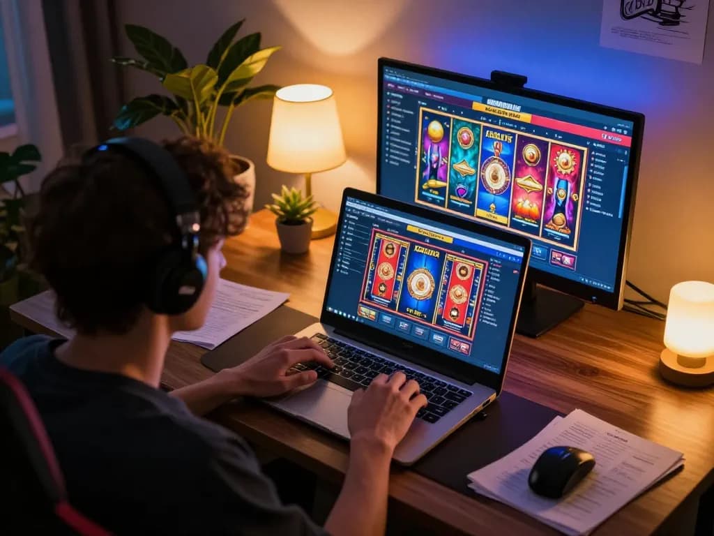 Engaging player exploring KDSLOTS online interface with colorful slots on a laptop in a cozy environment.