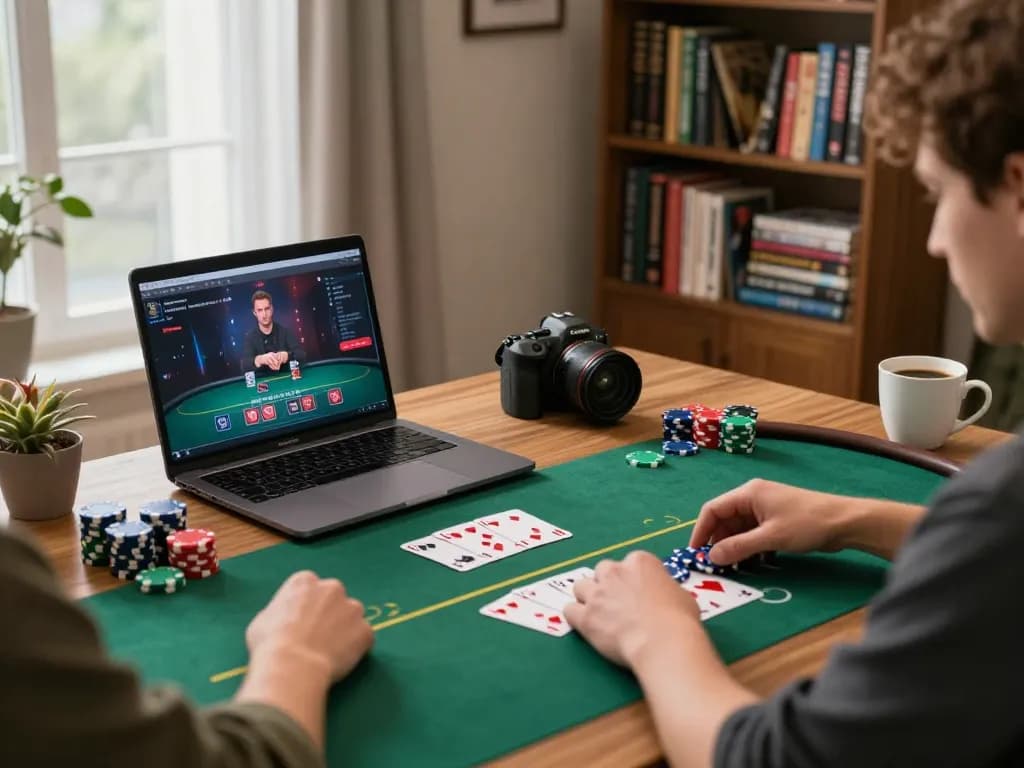 Zowin player enjoying poker on a laptop in a cozy home setting, showcasing an engaging gaming experience