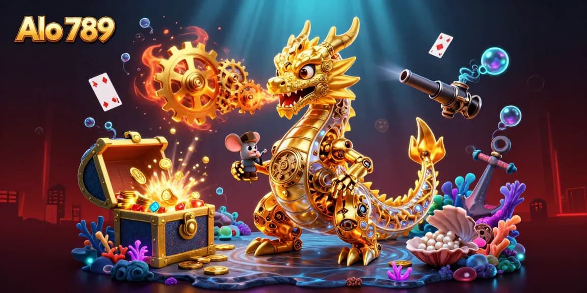 Experience Alo 789's thrilling action with our illustrated golden dragon amid dynamic casino-themed elements.