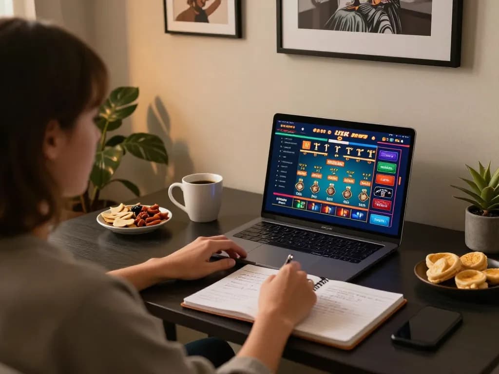 Engaging online gaming session with VT88 strategy notes at cozy home desk