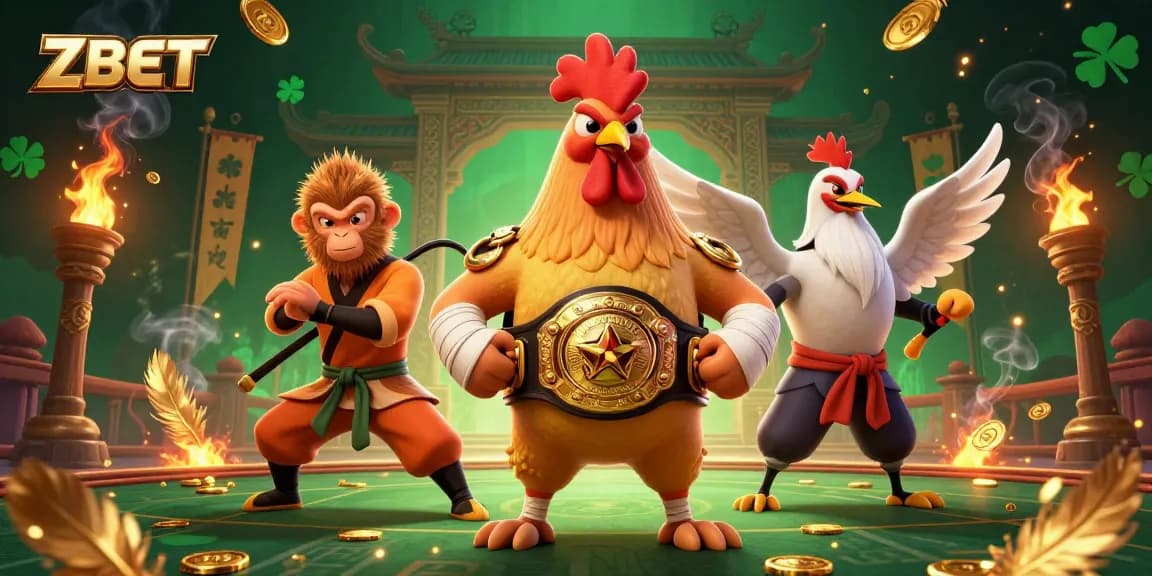 ZBET displays an energetic 3D casino scene featuring a Muay Thai rooster, a Shaolin monkey, and a wise crane master.